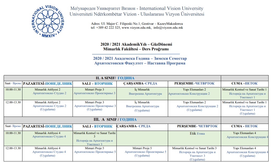 2020 2021 akademik yili guz donemi ders programi vizyon universitesi uluslararasi vizyon universitesi makedonya vizyon universitesi